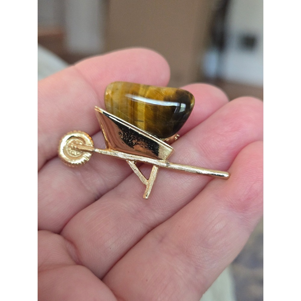 Genuine Tigereye Wheelbarrow Brooch Goldtone Vintage Unsigned Estate Piece